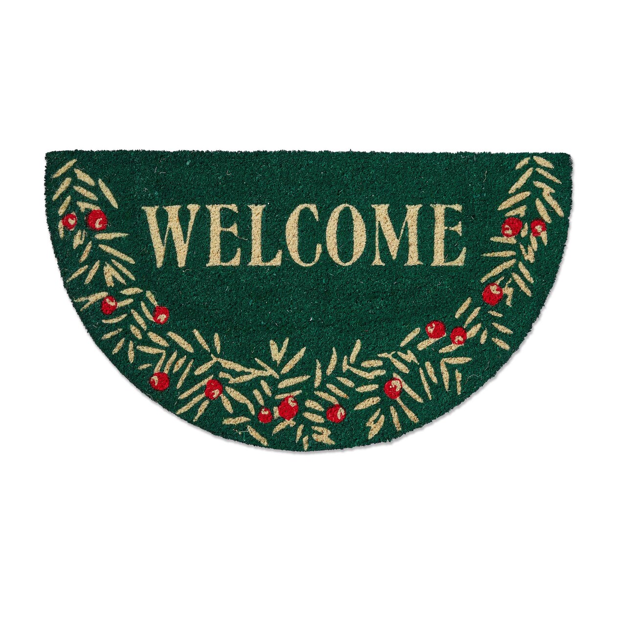 Welcome Sprig Shaped PVC Coir Door Mat - Natural Christmas Doormat, Green, 30" x 17" x 1" - Easy to Clean